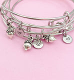 Silver Acorn Charm Bracelet, Personalized Initial Bangle, Bridesmaid Gift