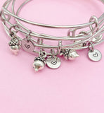 Silver Acorn Charm Bracelet Wedding Bridesmaid Gifts Ideas Personalized Customized Monogram Made to Order Jewelry, AN346
