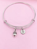 Silver Acorn Charm Bracelet, Personalized Initial Bangle, Bridesmaid Gift