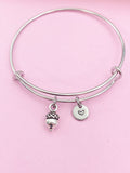 Silver Acorn Charm Bracelet, Personalized Initial Bangle, Bridesmaid Gift