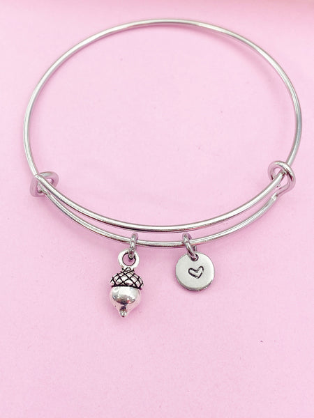 Silver Acorn Charm Bracelet Wedding Bridesmaid Gifts Ideas Personalized Customized Monogram Made to Order Jewelry, AN346