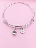Silver Acorn Charm Bracelet, Personalized Initial Bangle, Bridesmaid Gift