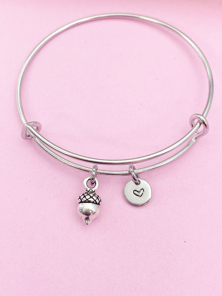 Silver Acorn Charm Bracelet Wedding Bridesmaid Gifts Ideas Personalized Customized Monogram Made to Order Jewelry, AN346