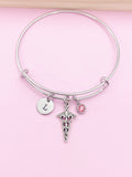 Silver Caduceus Charm Bracelet Medical Student School Gifts Ideas Personalized Customized Made to Order Jewelry, AN4950