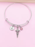 Caduceus Charm Bangle, Personalized Initial, Medical Gift
