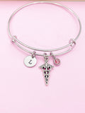 Caduceus Charm Bangle, Personalized Initial, Medical Gift