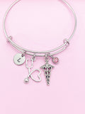 Caduceus Stethoscope Charm Bracelet, Initial & Birthstone, Medical Gift