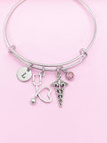 Caduceus Stethoscope Charm Bracelet, Initial & Birthstone, Medical Gift