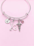 Caduceus Stethoscope Charm Bracelet, Initial & Birthstone, Medical Gift