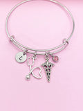 Caduceus Stethoscope Charm Bracelet, Initial & Birthstone, Medical Gift