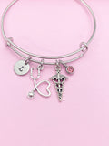 Caduceus Stethoscope Charm Bracelet, Initial & Birthstone, Medical Gift