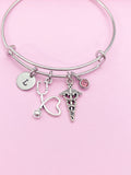 Caduceus Stethoscope Charm Bracelet, Initial & Birthstone, Medical Gift