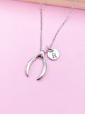 Wishbone Charm Necklace, Initial Monogram, Personalized Jewelry