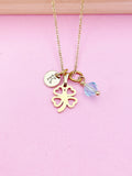 Gold Clover Initial Necklace, Personalized Charm, Birthstone Jewelry