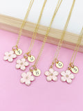 Gold Pink Magnolia Initial Necklace, Personalized Flower Charm