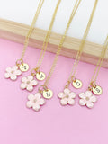 Gold Pink Magnolia Initial Necklace, Personalized Flower Charm