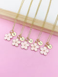 Gold Pink Magnolia Initial Necklace, Personalized Flower Charm