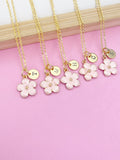 Gold Pink Magnolia Initial Necklace, Personalized Flower Charm