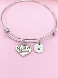 Maid of Honor Bangle Bracelet, Initial Charm, Wedding Gift