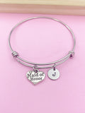 Maid of Honor Bangle Bracelet, Initial Charm, Wedding Gift