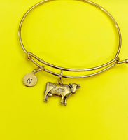 Gold Cow Charm Bracelet Gifts Idea Personalized Customized Monogram Made to Order Jewelry, AN490