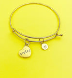Gold or Silver Sister Heart Charm Bracelet Gifts Ideas Personalized Customized Monogram Made to Order Jewelry, N5453
