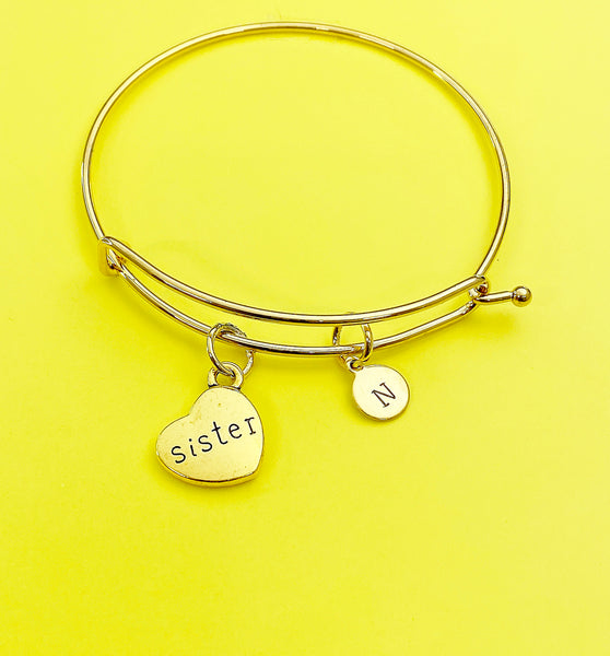 Gold or Silver Sister Heart Charm Bracelet Gifts Ideas Personalized Customized Monogram Made to Order Jewelry, N5453