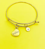 Gold or Silver Sister Heart Charm Bracelet Gifts Ideas Personalized Customized Monogram Made to Order Jewelry, N5453