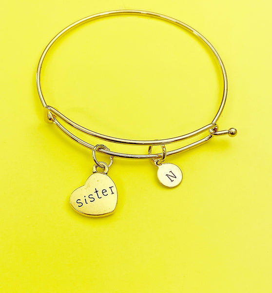 Gold or Silver Sister Heart Charm Bracelet Gifts Ideas Personalized Customized Monogram Made to Order Jewelry, N5453