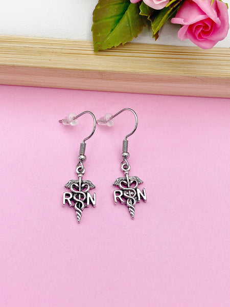 Silver RN Caduceus Medical Symbol Charm Earrings Doctor Nurse Medical School Student Gift Idea Personalized Customized AN2586