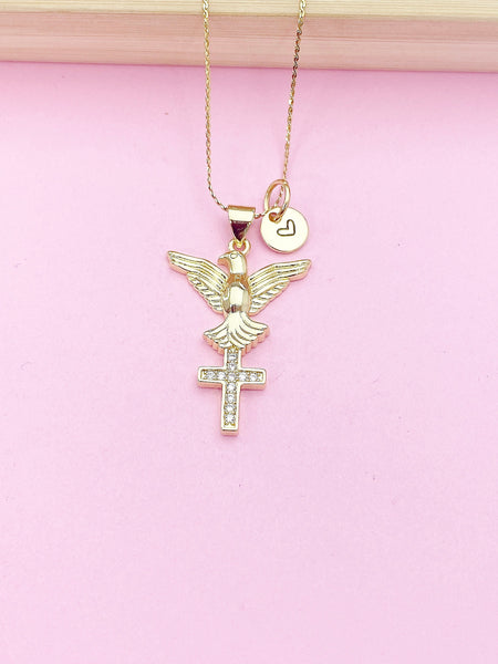 Gold Holy Spirit Dove Cross Necklace Christmas Gift Ideas Personalized Customized Made to Order Jewelry, AN4815