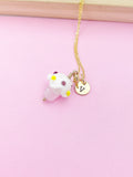 Gold Cupcake Necklace, Handmade Lampwork Pink Cupcake Charm, Personized Initial Necklace, N5154