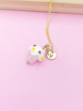 Gold Cupcake Necklace, Handmade Lampwork Pink Cupcake Charm, Personized Initial Necklace, N5154