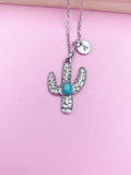 Silver Cactus Necklace, Personalized Initial Charm, Southwest Jewelry