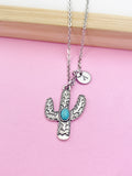 Silver Cactus Necklace, Personalized Initial Charm, Southwest Jewelry