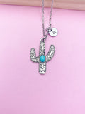 Silver Cactus Necklace, Personalized Initial Charm, Southwest Jewelry