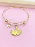 Gold Gingko Ginkgo Leaf Charm Bracelet Nature Gifts Ideas Personalized Customized Monogram Made to Order Jewelry, N5484