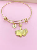 Gold Gingko Ginkgo Leaf Charm Bracelet Nature Gifts Ideas Personalized Customized Monogram Made to Order Jewelry, N5484