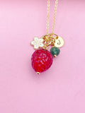 Gold Strawberry Necklace, May Natural Emerald Gemstone Personalized Customized Monogram Made to Order Jewelry, 5N4983