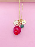 Gold Strawberry Necklace, May Natural Emerald Gemstone Personalized Customized Monogram Made to Order Jewelry, 5N4983