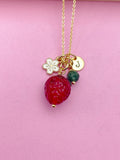 Gold Strawberry Necklace, May Natural Emerald Gemstone Personalized Customized Monogram Made to Order Jewelry, 5N4983