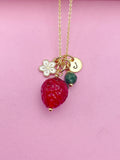 Gold Strawberry Necklace, May Natural Emerald Gemstone Personalized Customized Monogram Made to Order Jewelry, 5N4983