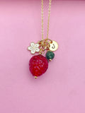 Gold Strawberry Necklace, May Natural Emerald Gemstone Personalized Customized Monogram Made to Order Jewelry, 5N4983
