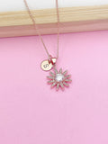 Rose Gold Daisy Necklace, Initial Charm, Bridesmaid Jewelry