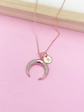 Rose Gold Cubic Zirconia Crescent Moon Necklace, Personalized Initial Charm
