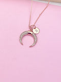 Rose Gold Cubic Zirconia Crescent Moon Necklace, Personalized Initial Charm