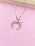 Rose Gold Cubic Zirconia Crescent Moon Necklace, Personalized Initial Charm