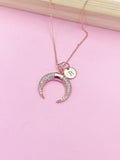 Rose Gold Cubic Zirconia Crescent Moon Necklace, Personalized Initial Charm