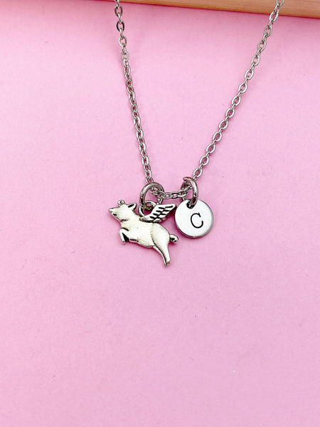 Silver Flying Pig Charm Necklace, Farmer Pig Pet Gifts, Personalized Customized Jewelry, N1743C