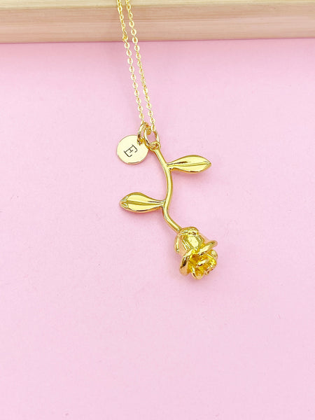 Gold Rose Flower Charm Necklace Bridesmaid Gift Ideas Personalized Customized Jewelry, N2937